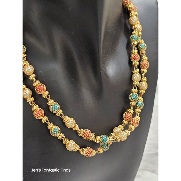 Multi-Color Gold Tone Christmas Beaded Necklace With Red Green & White Beads - Picture 2 of 7